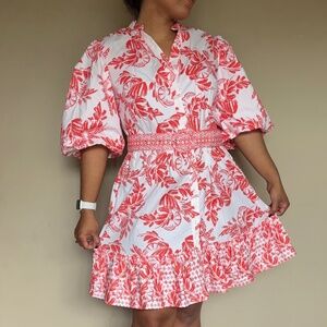 Beachy Summer Dress - White and Red Pattern - Belted